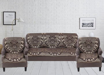 Nendle Damask Design Concept Sofa Set Covers 5 Seater with 80% Cotton & 20% Jute (Dusky Brown, Pack of 6)